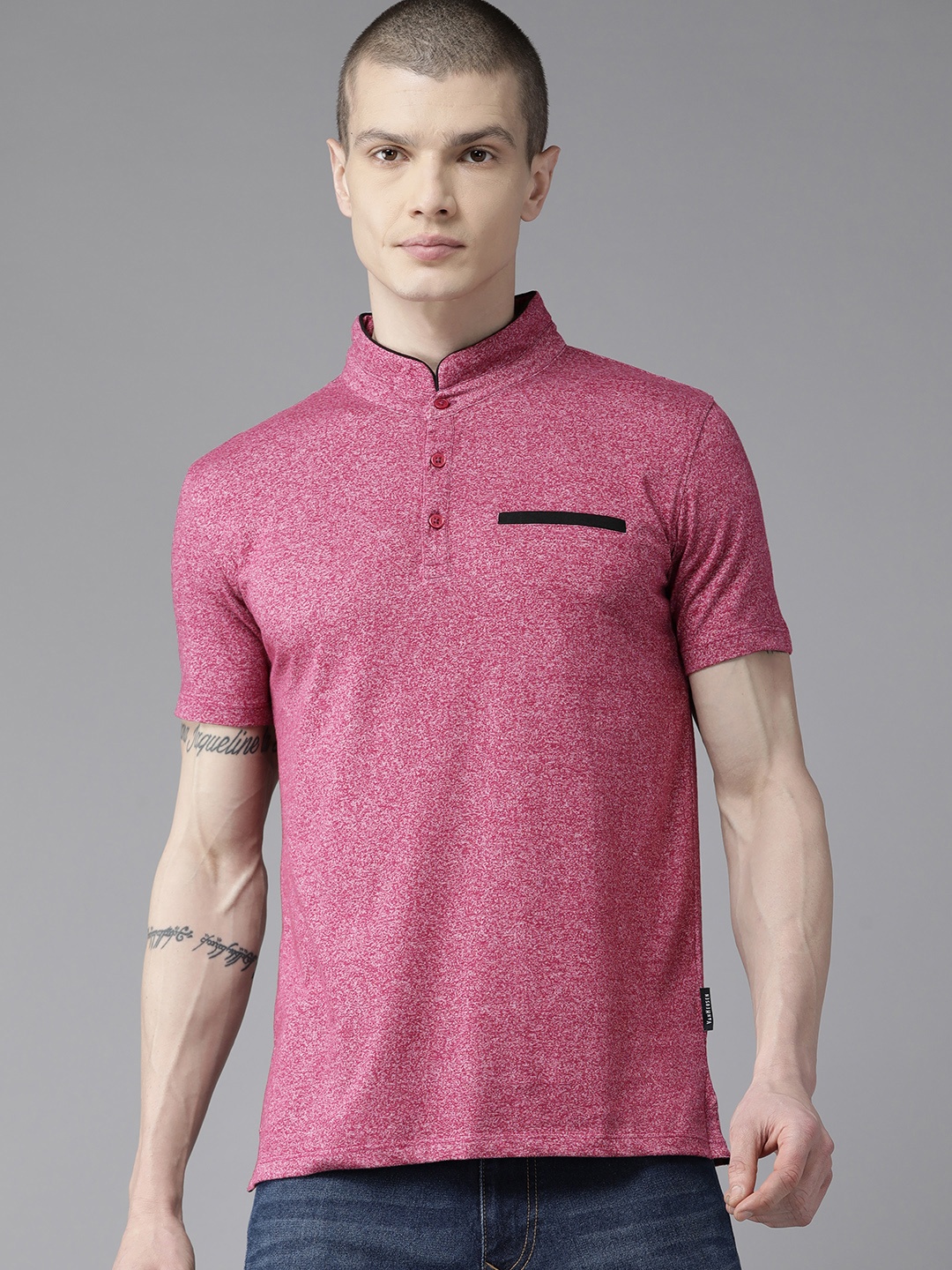 

V Dot Mandarin Collar Slim Fit T-shirt, Maroon