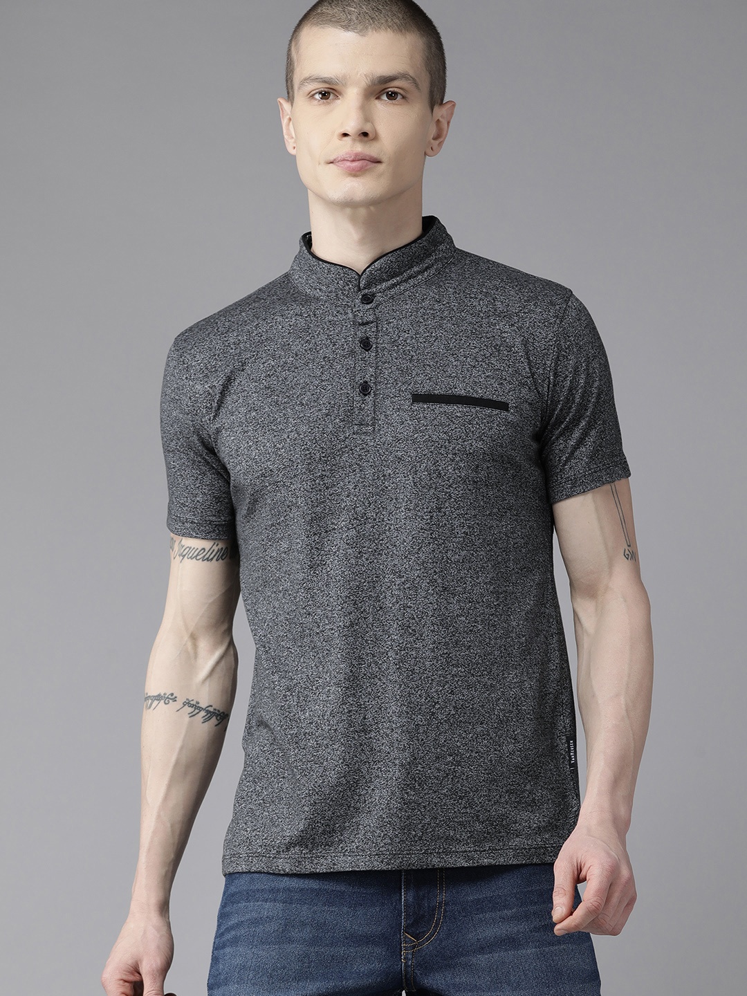 

V Dot Mandarin Collar Slim Fit T-shirt, Charcoal