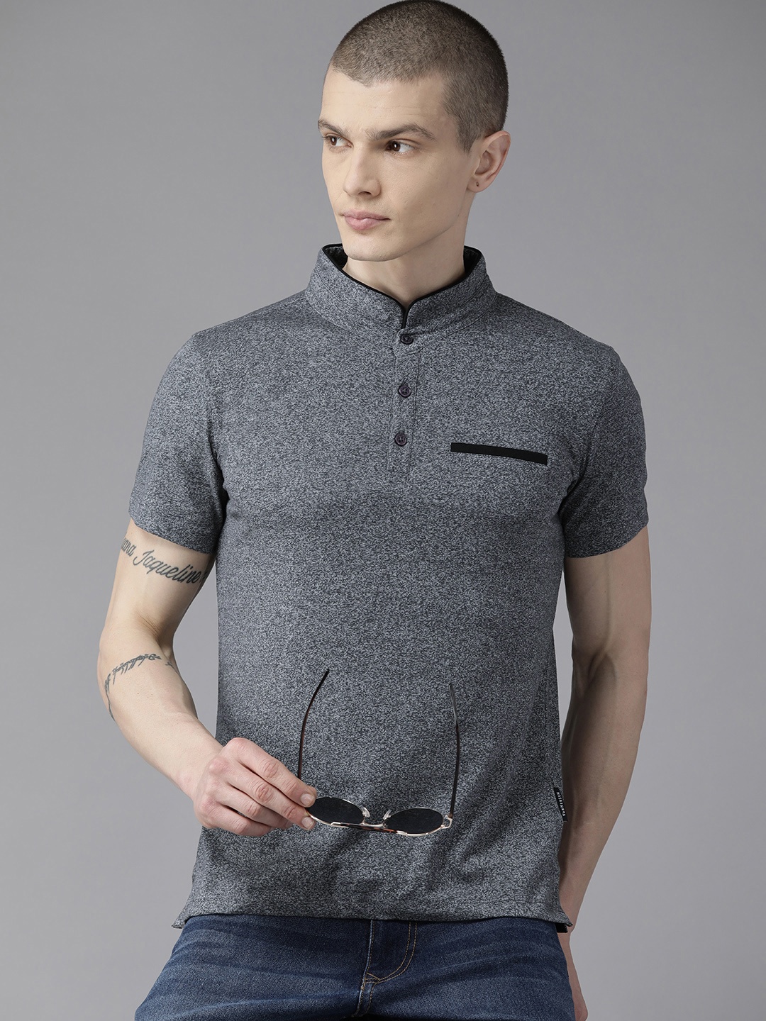 

V Dot Mandarin Collar Slim Fit T-shirt, Grey