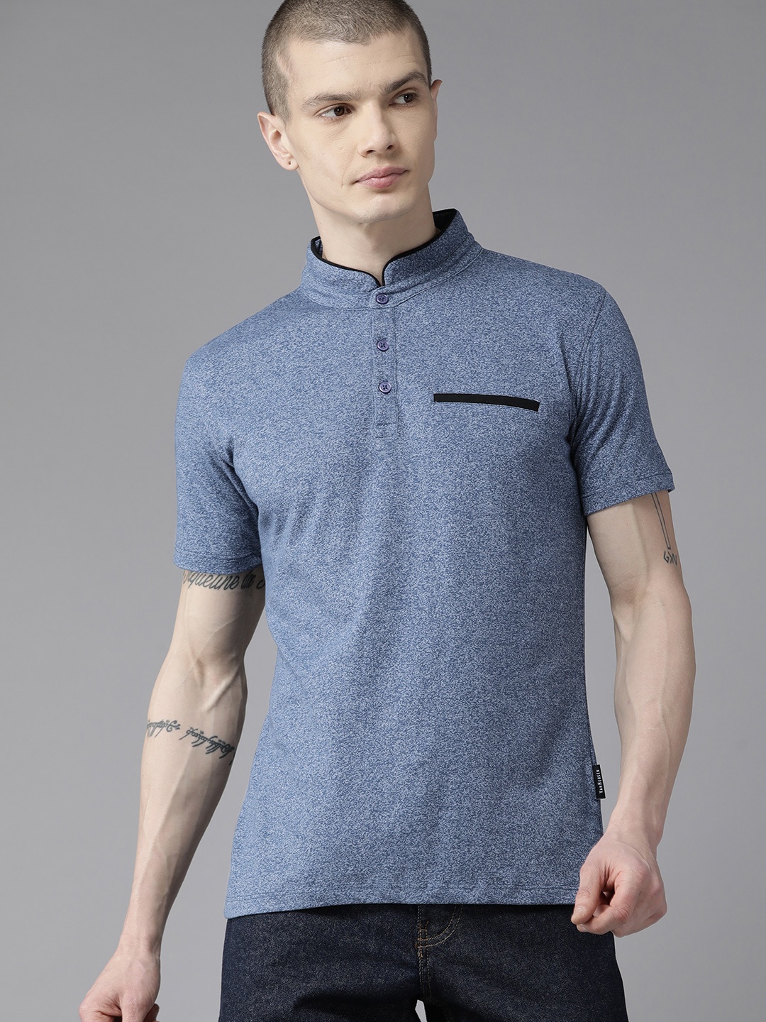 

V Dot Mandarin Collar Slim Fit T-shirt, Blue