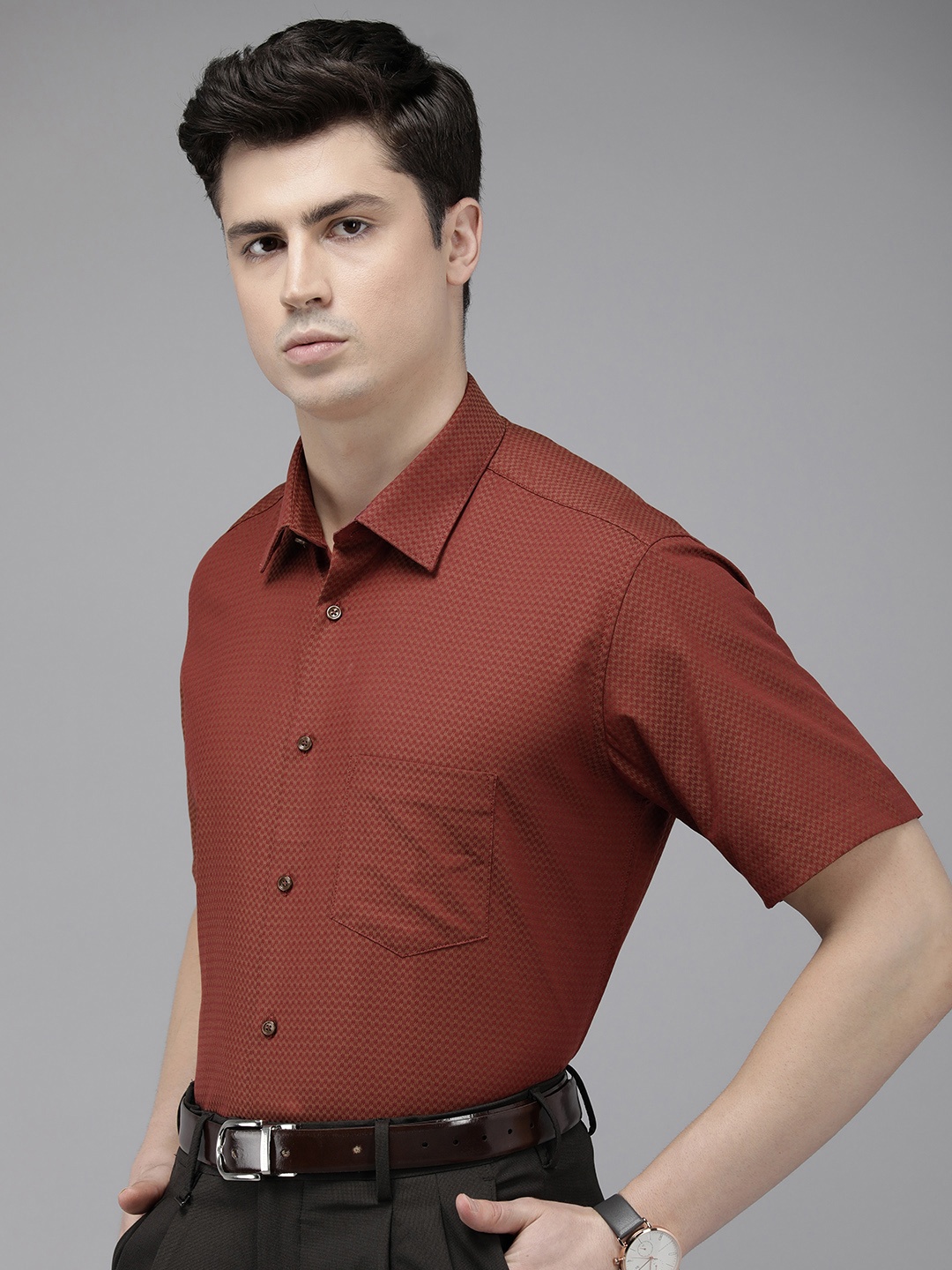 

Van Heusen Pure Cotton Self Design Textured Custom Formal Shirt, Red