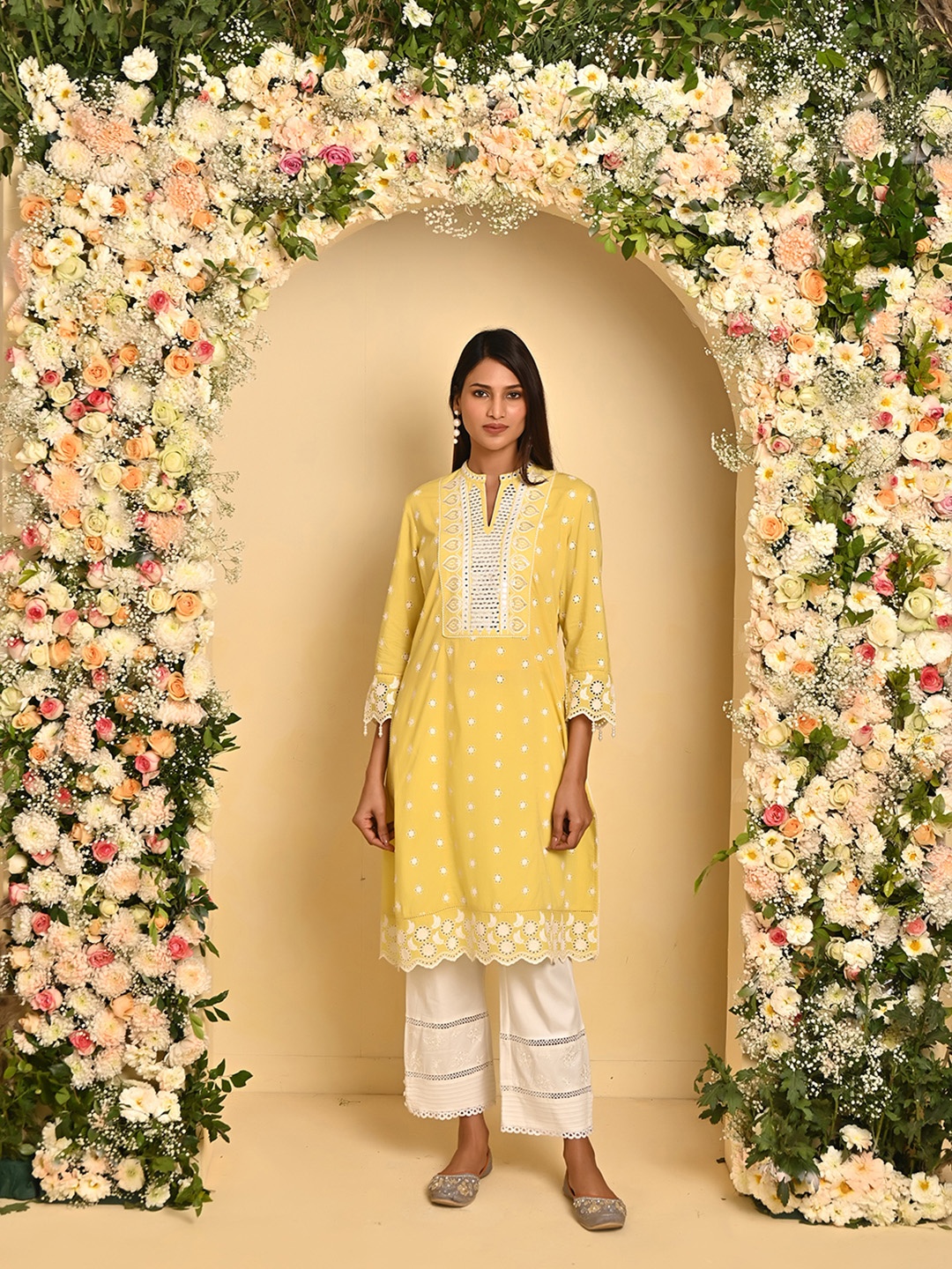 

Lakshita Floral Embroidered Schiffli Mandarin Collar Cotton Straight Kurta, Mustard