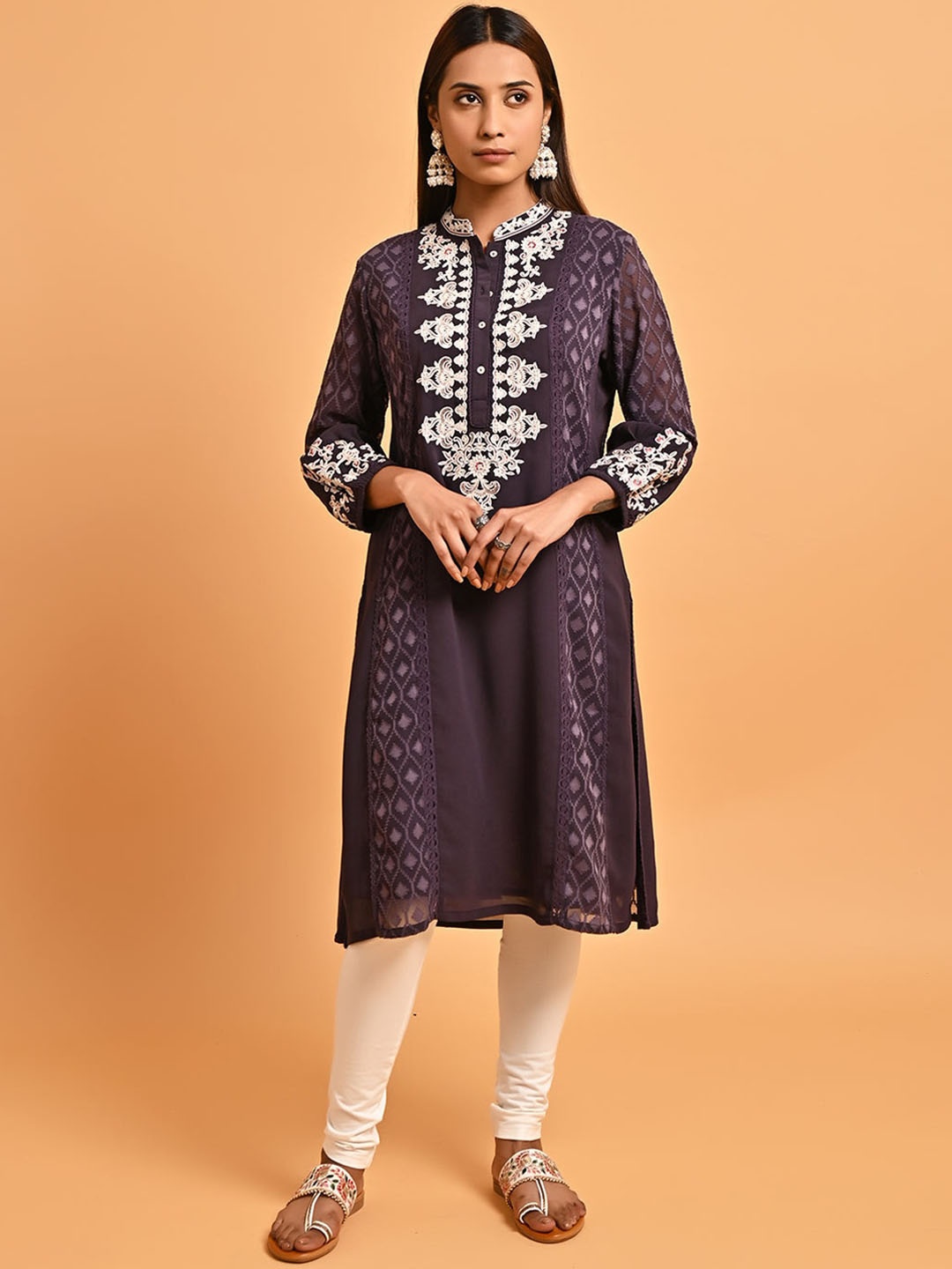 

Lakshita Geometric Printed Thread Work Jacquard Georgette Kurta, Purple