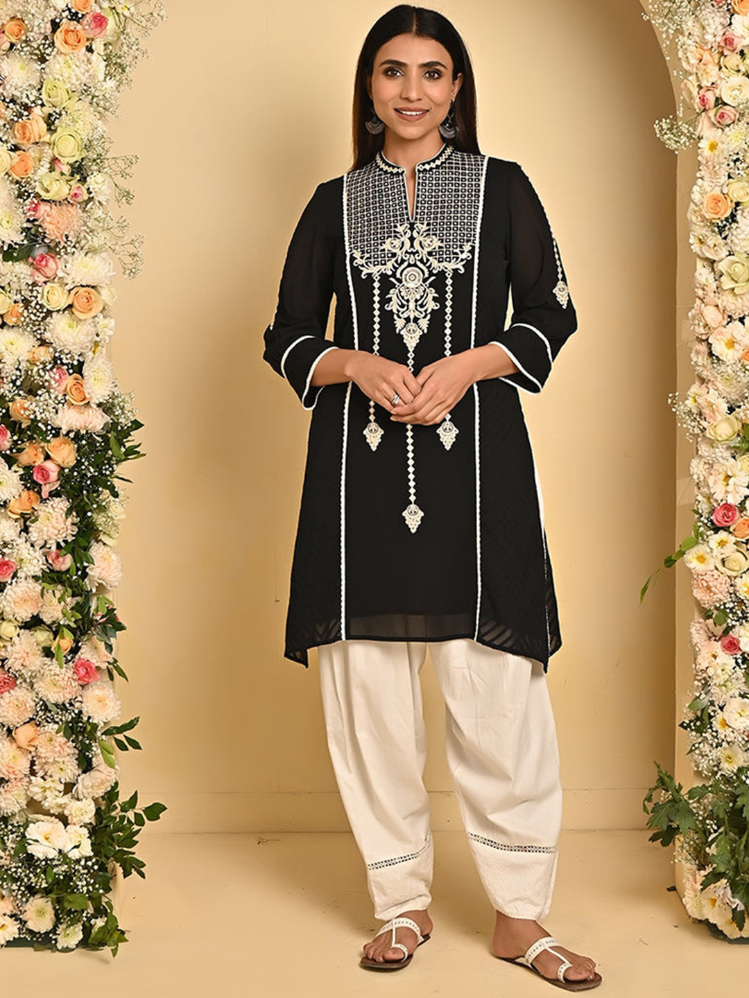 

Lakshita Ethnic Motifs Embroidered Mirror Work Cotton A-Line Panelled Kurta, Black