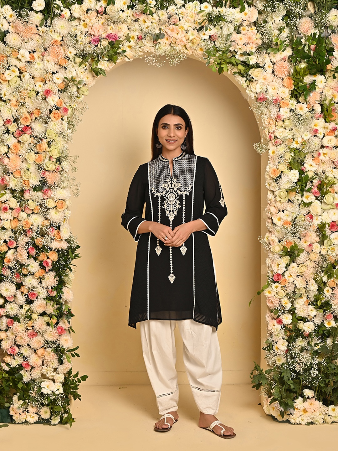 

Lakshita Ethnic Motifs Embroidered Mirror Work Cotton A-Line Panelled Kurta, Black