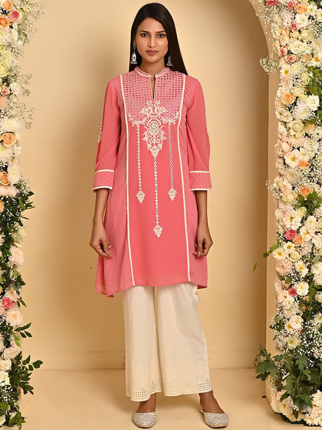 

Lakshita Floral Embroidered Flared Sleeves Mirror Work Cotton Kurta, Pink