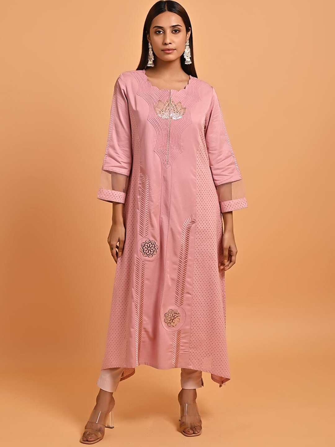 

Lakshita Ethnic Motifs Embroidered Cotton Panelled A-Line Kurta, Pink