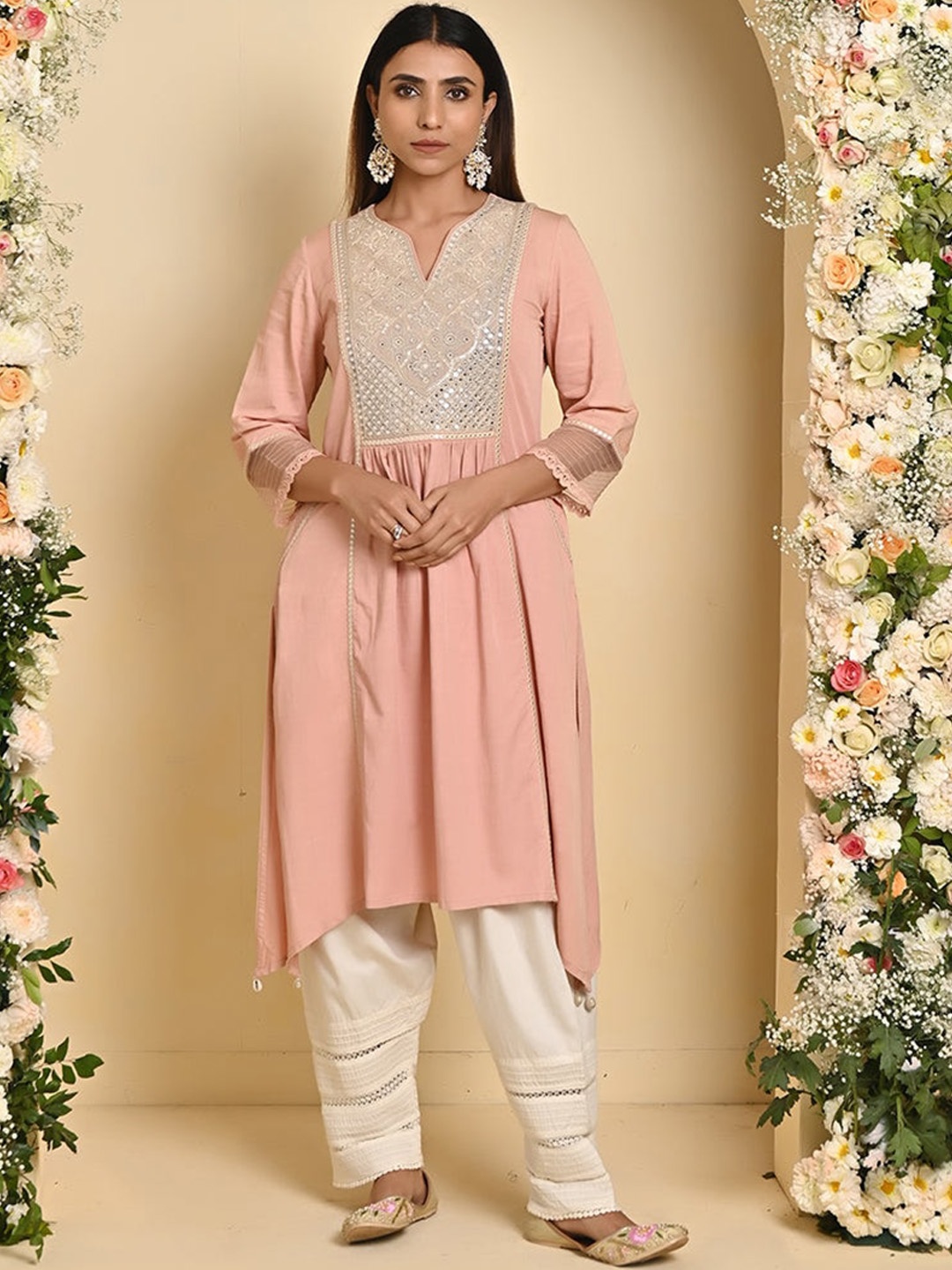 

Lakshita Floral Yoke Design Thread Work Cotton A-Line Kurta, Peach