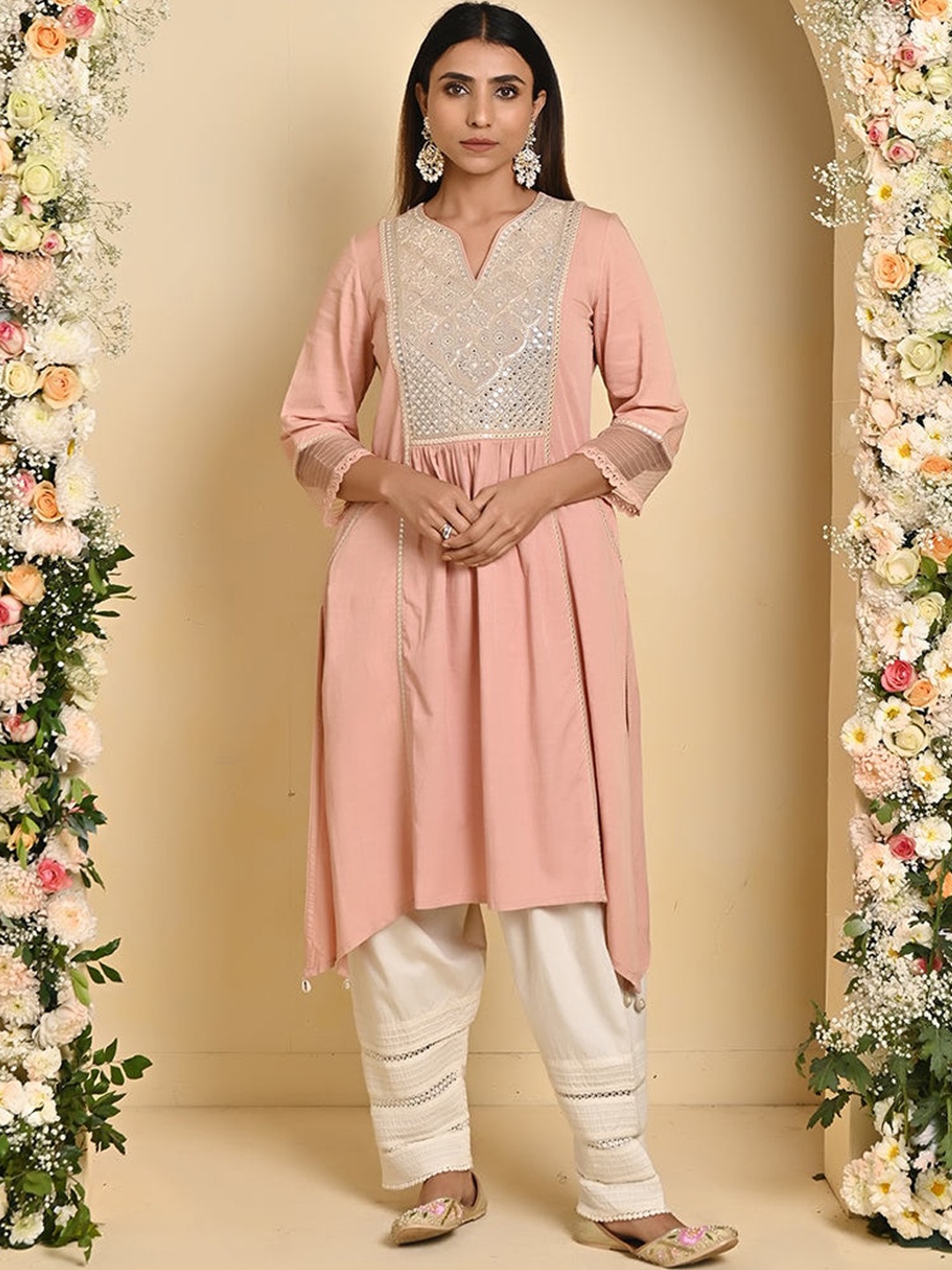 

Lakshita Floral Yoke Design Thread Work Cotton A-Line Kurta, Peach