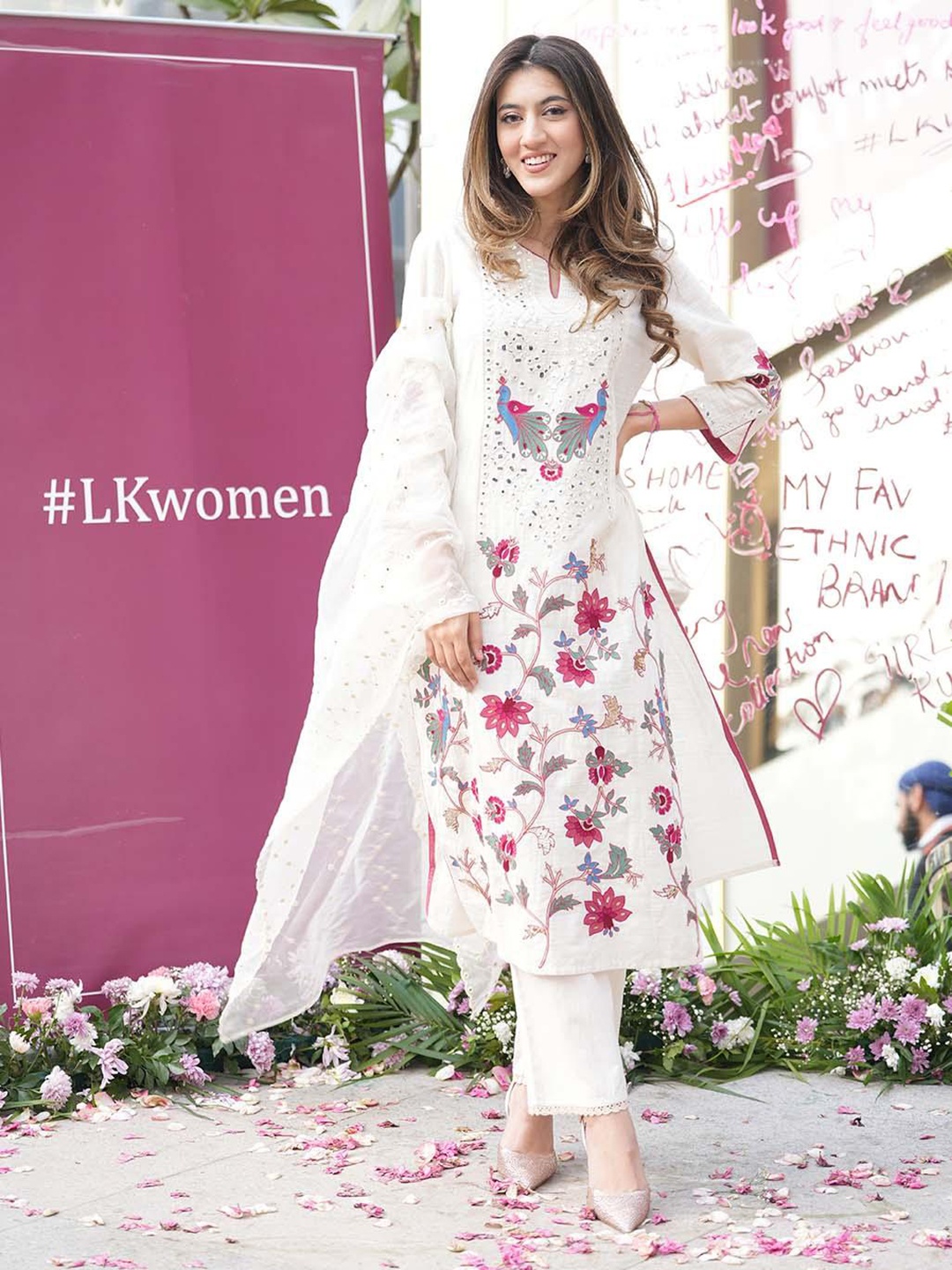 

Lakshita Floral Printed Mirror Work Cotton A-Line Kurta, Off white