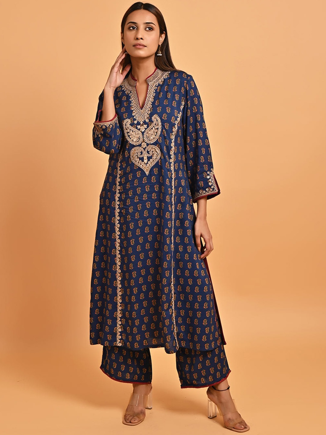 

Lakshita Paisley Printed Thread Work Mandarin Collar A-Line Kurta, Navy blue