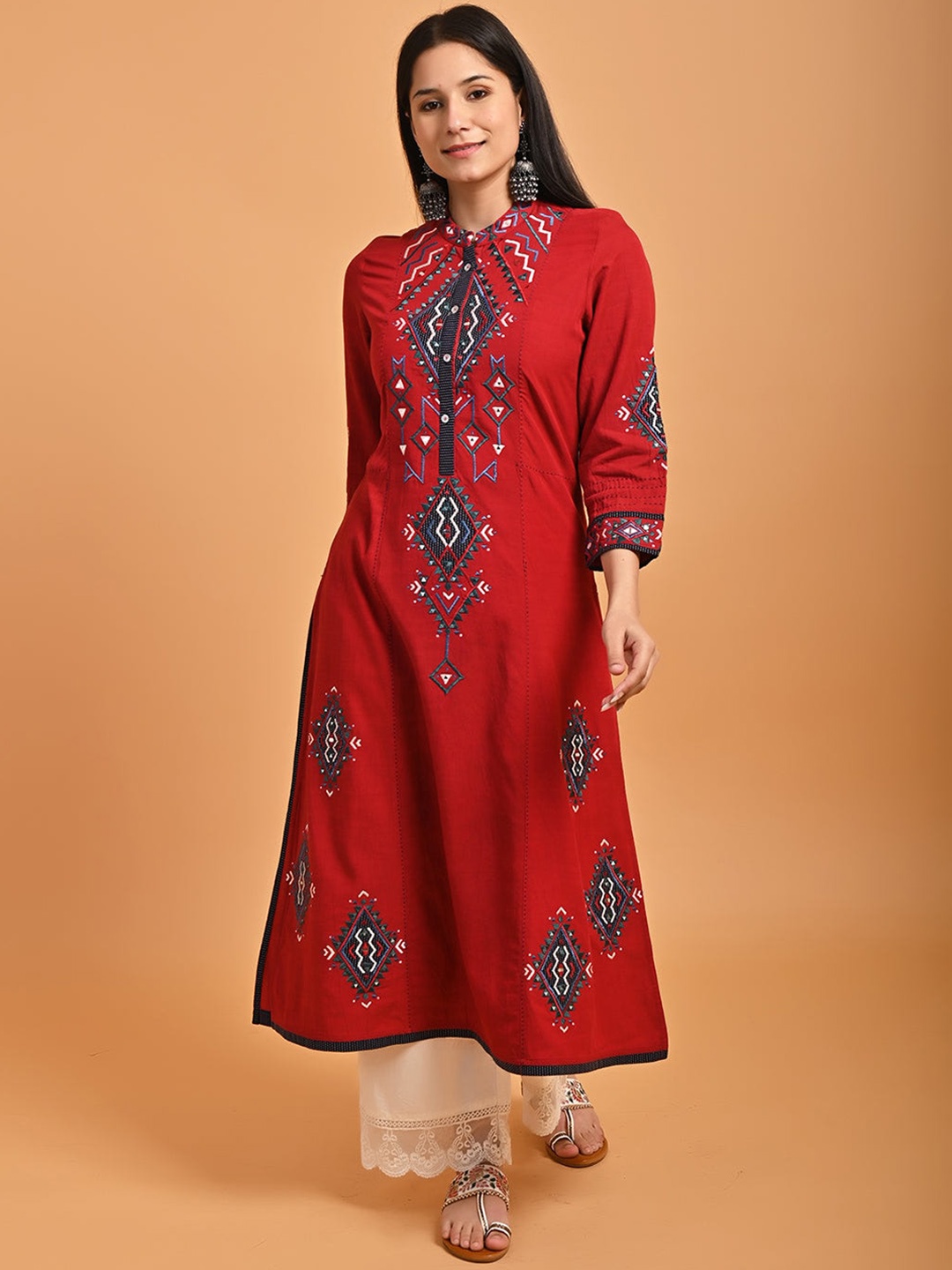 

Lakshita Geometric Embroidered Mandarin Collar Cotton A-Line Kurta, Red