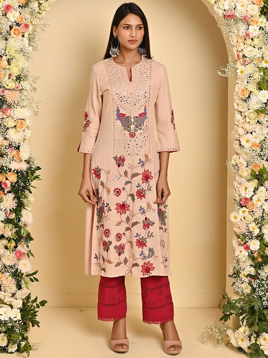 

Lakshita Floral Printed Mirror Work Notched Neck Cotton Kurta, Pink