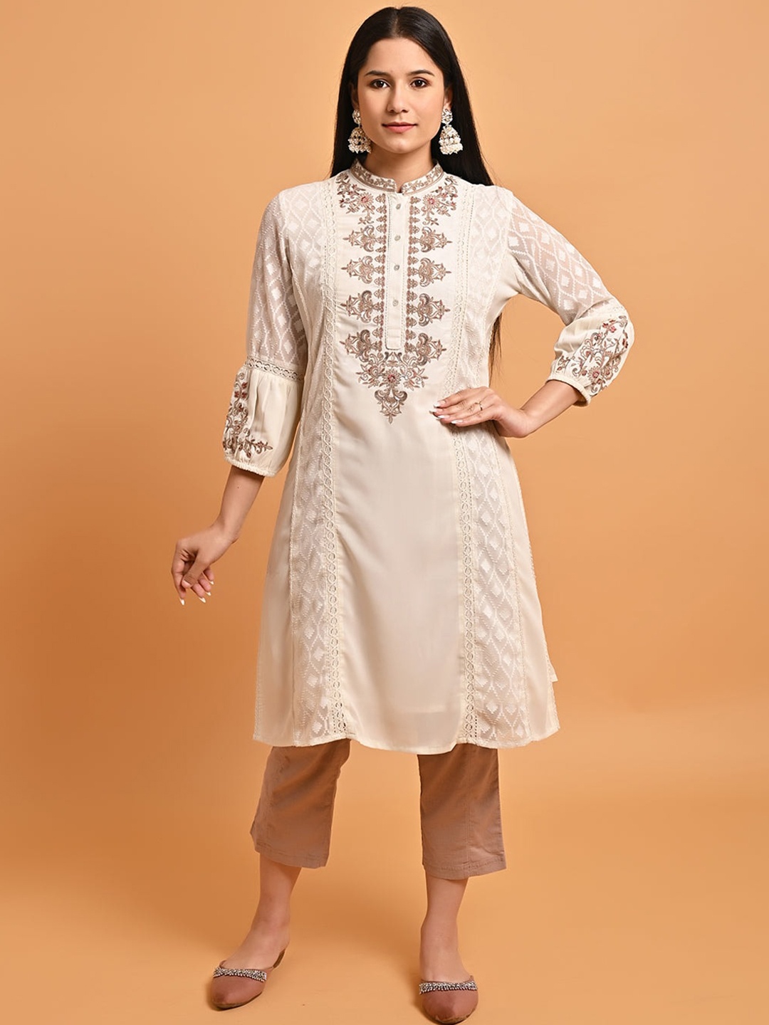 

Lakshita Ethnic Motifs Yoke Design Sequins Jacquard Georgette Kurta, Off white