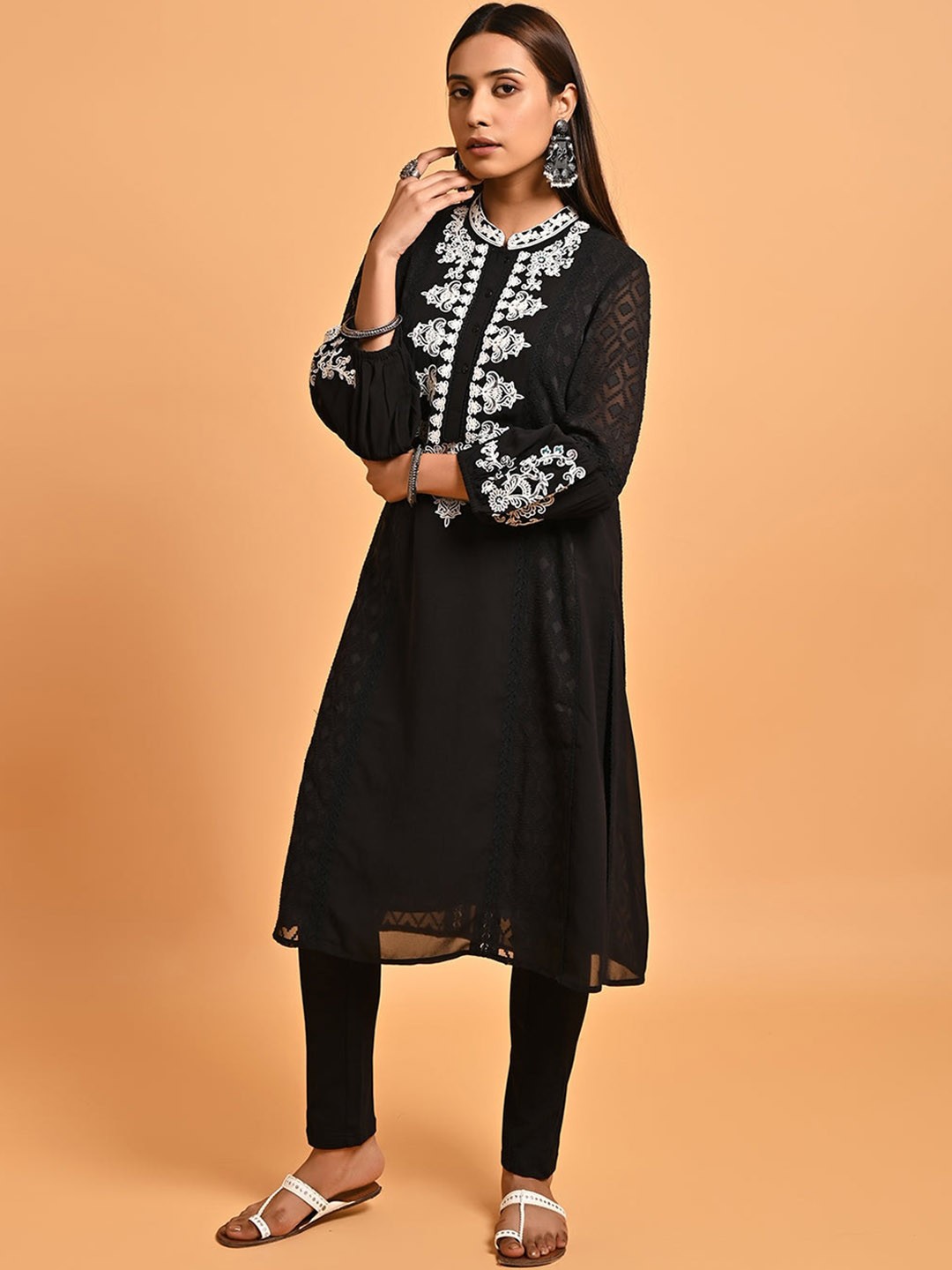 

Lakshita Ethnic Motifs Yoke Design Thread Work Jacquard Georgette Kurta, Black