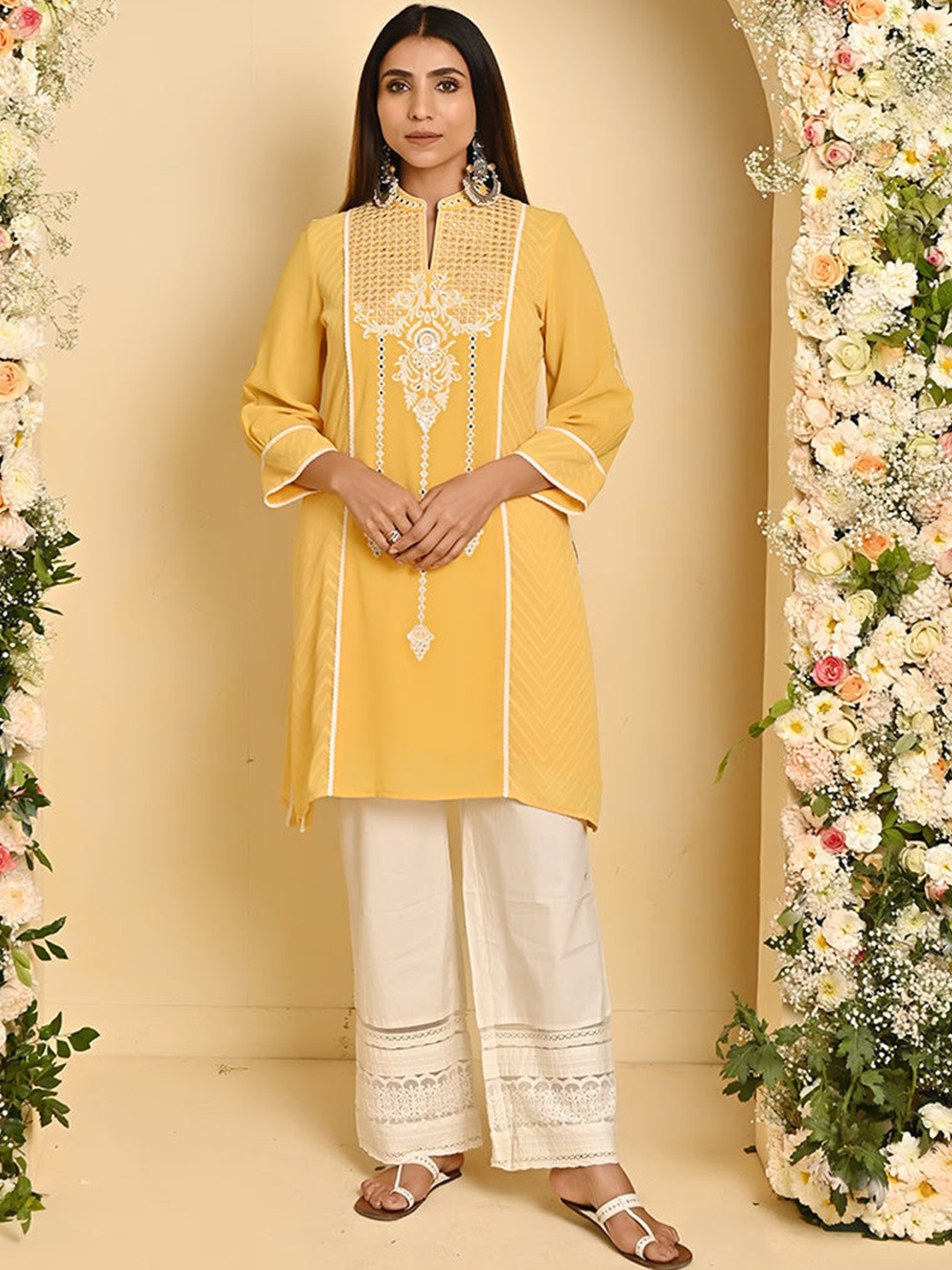 

Lakshita Ethnic Motifs Embroidered Thread Work Cotton Kurta, Yellow