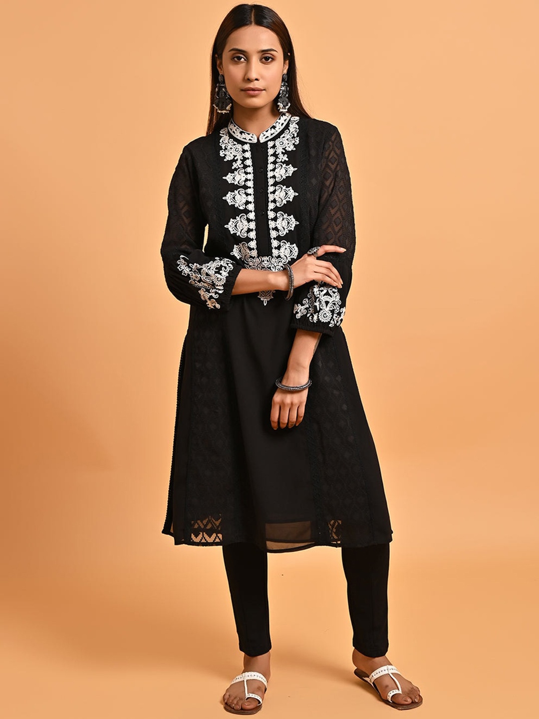 Lakshita Yoke Design Thread Work Jacquard Georgette Kurta, Black
