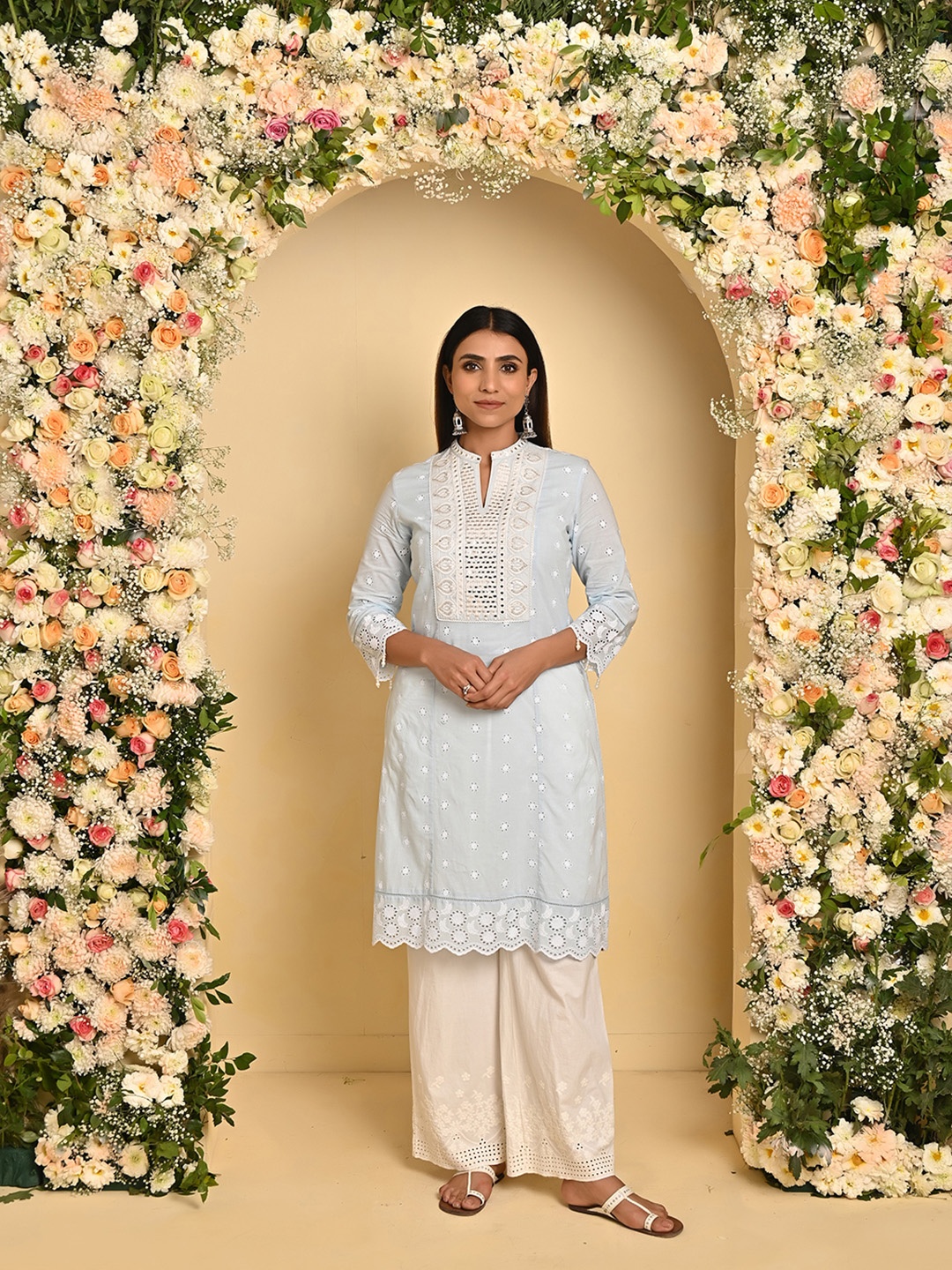 

Lakshita Floral Embroidered Schiffli Thread Work Kurta, Blue