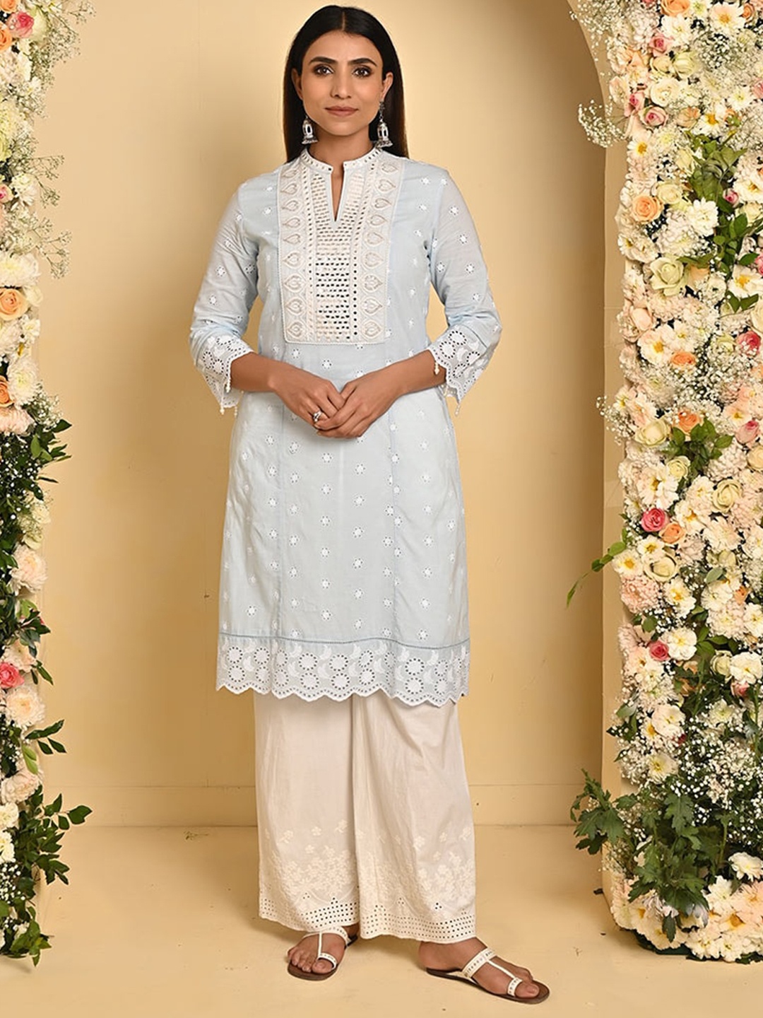 

Lakshita Floral Embroidered Schiffli Thread Work Cotton Kurta, Blue