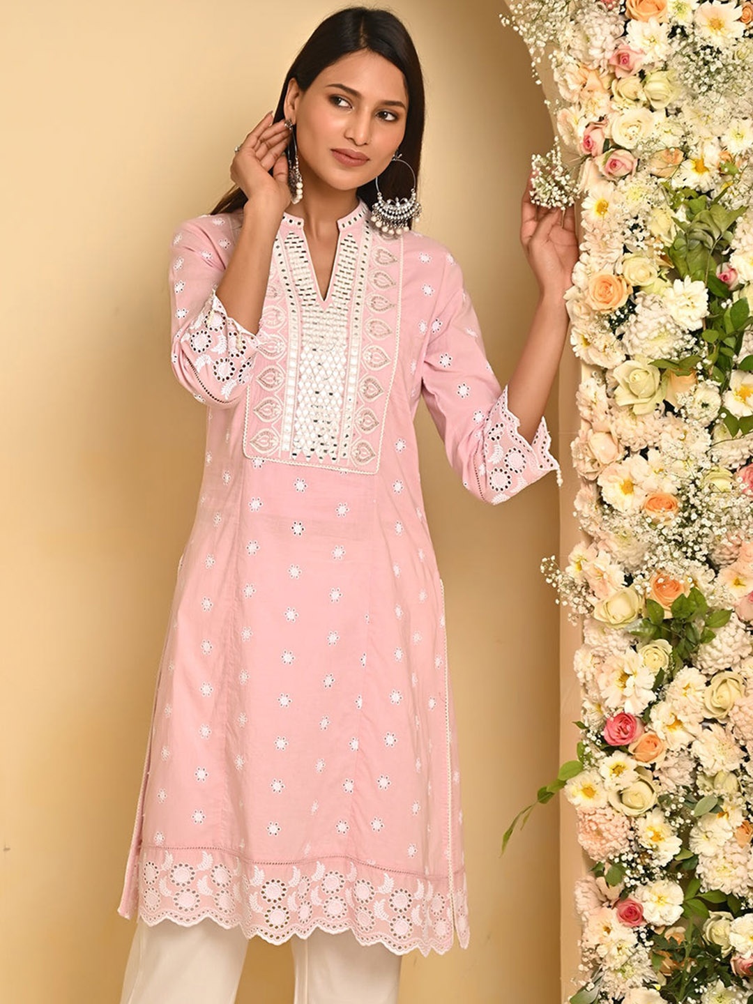 

Lakshita Floral Embroidered Schiffli Thread Work Cotton Kurta, Pink