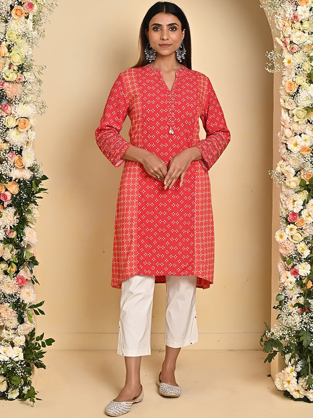 Lakshita Ethnic Motifs Printed Band Collar Thread Work Georgette Kurta, Orange