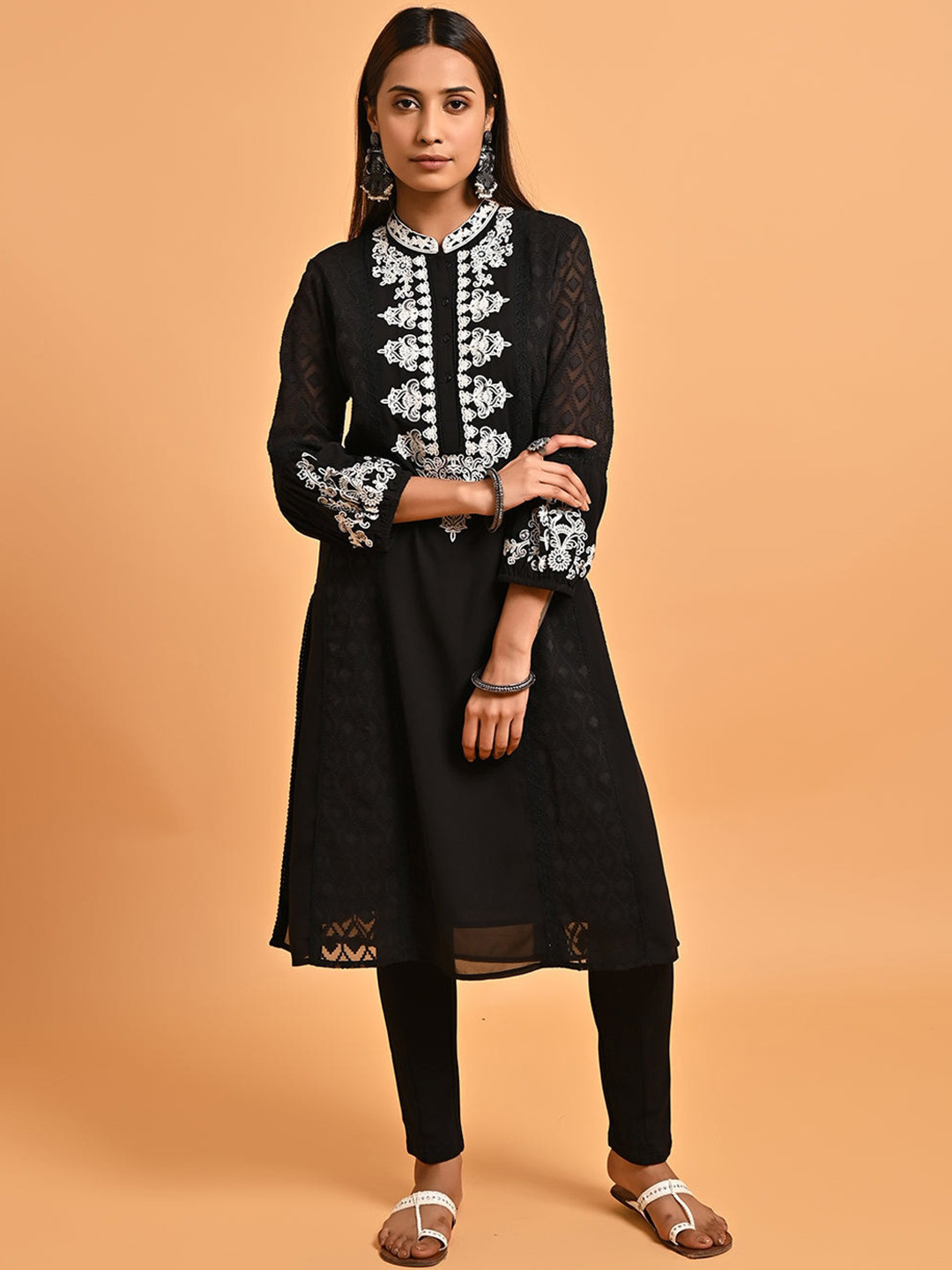 

Lakshita Ethnic Motifs Printed Mandarin Collar Thread Work Georgette Kurta, Black
