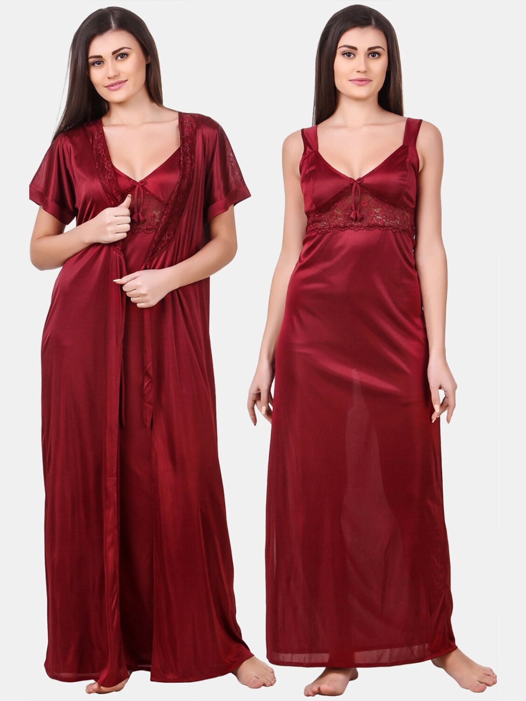 

Fasense 2 Piece Satin Maxi Nightdress With Robe, Maroon