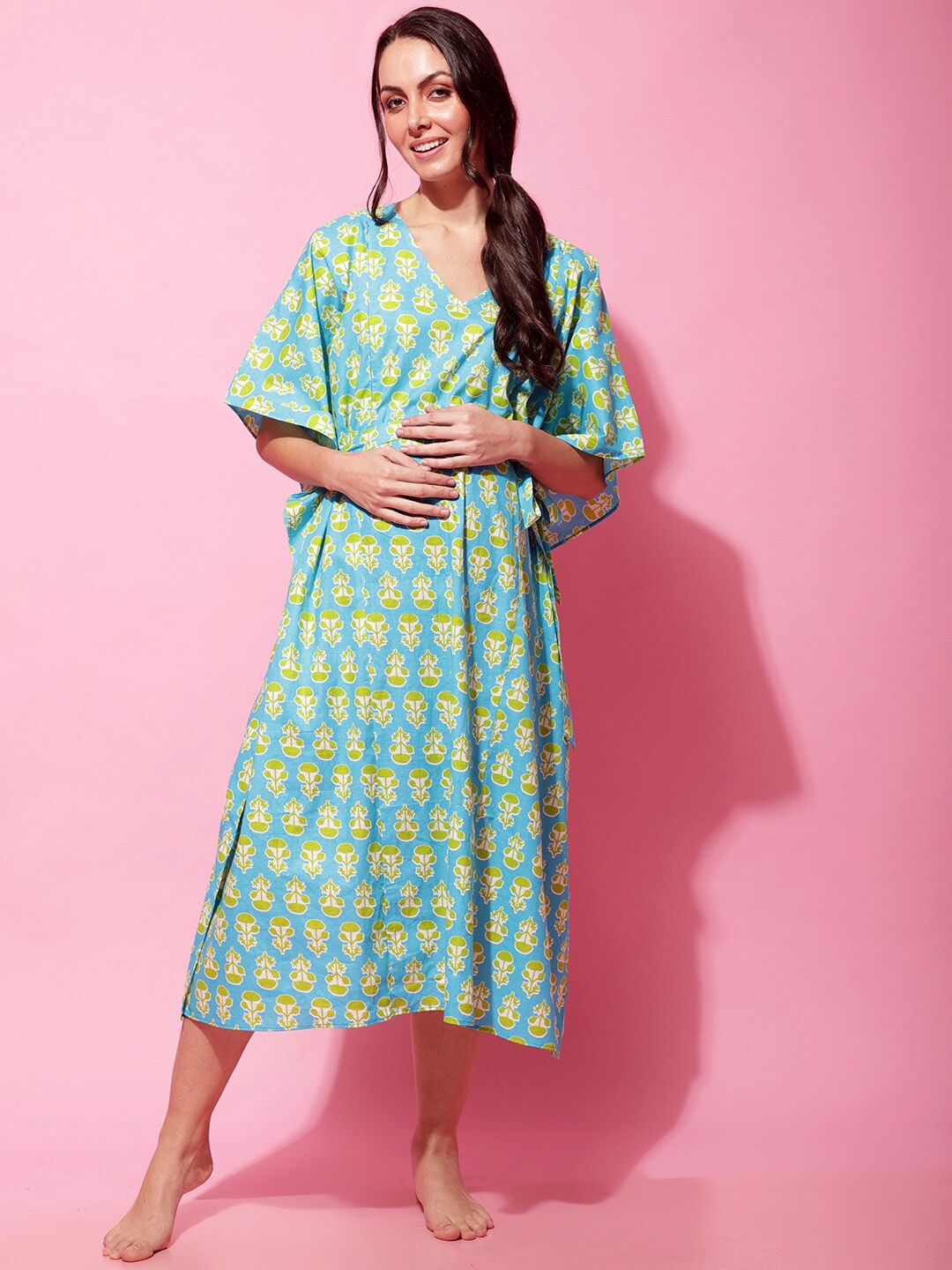 

Secret Wish Floral Printed Pure Cotton Maternity Kaftan Nightdress, Blue