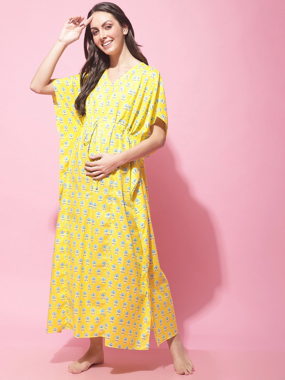 

Secret Wish Floral Motifs Printed Pure Cotton Maternity Kaftan Nightdress, Yellow