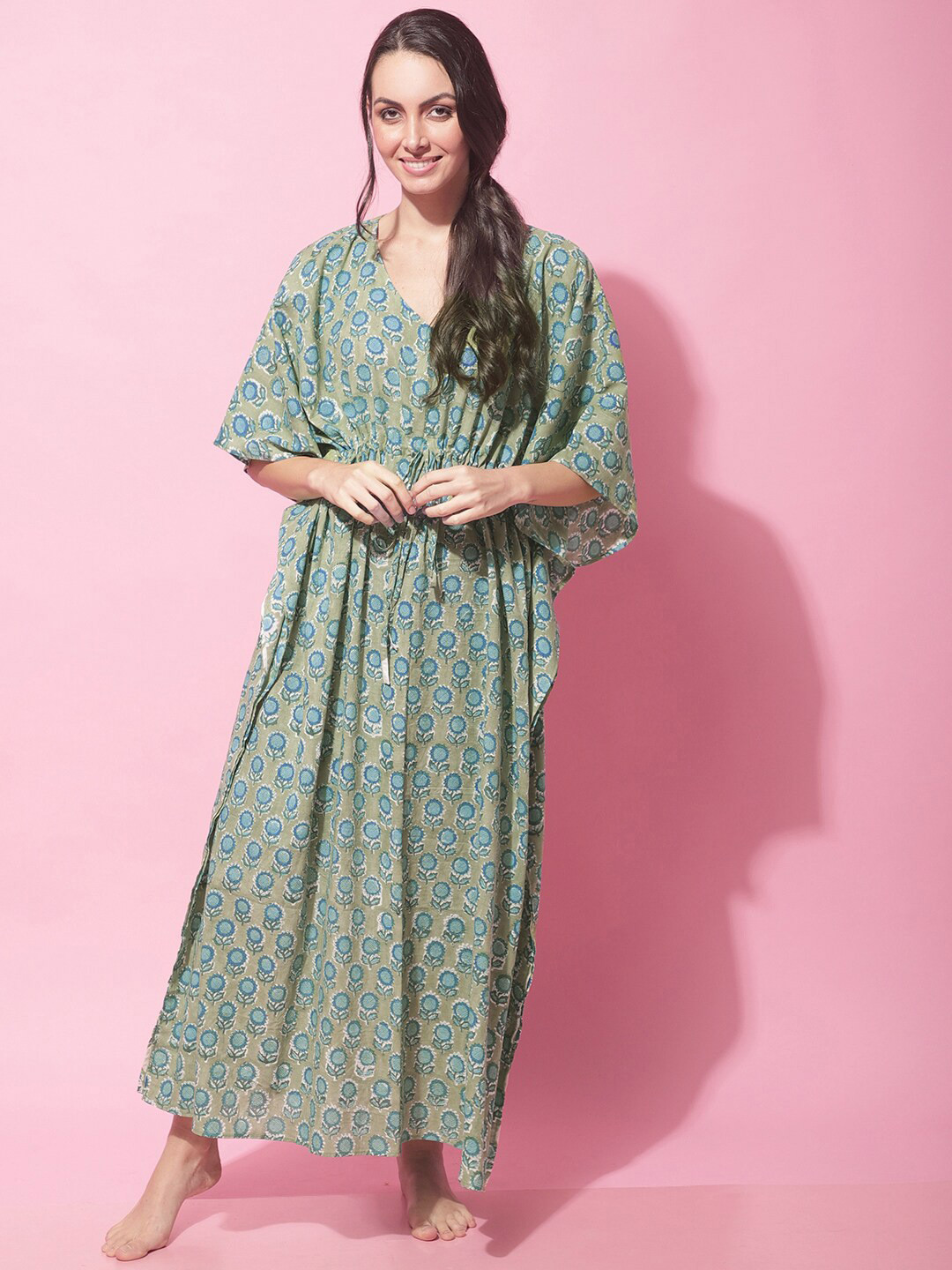 

Secret Wish Sanganeri Handblock Floral Printed Pure Cotton Kaftan Nightdress, Green