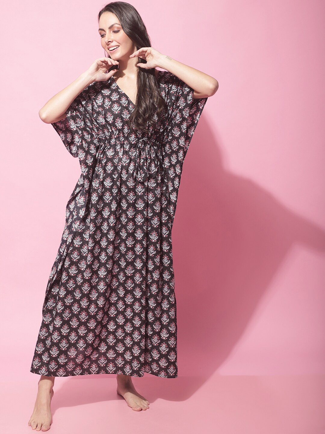 

Secret Wish Sanganeri Floral Printed Pure Cotton Kaftan Nightdress, Black