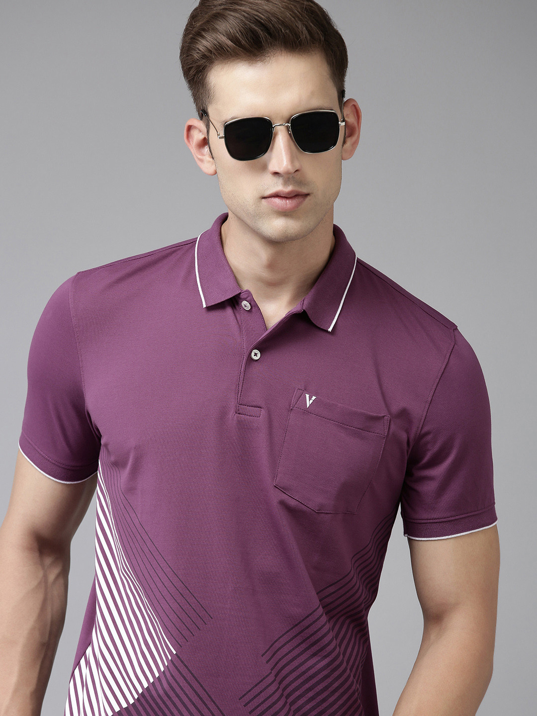 

Van Heusen Men Placement Stripe Polo Collar T-shirt, Purple