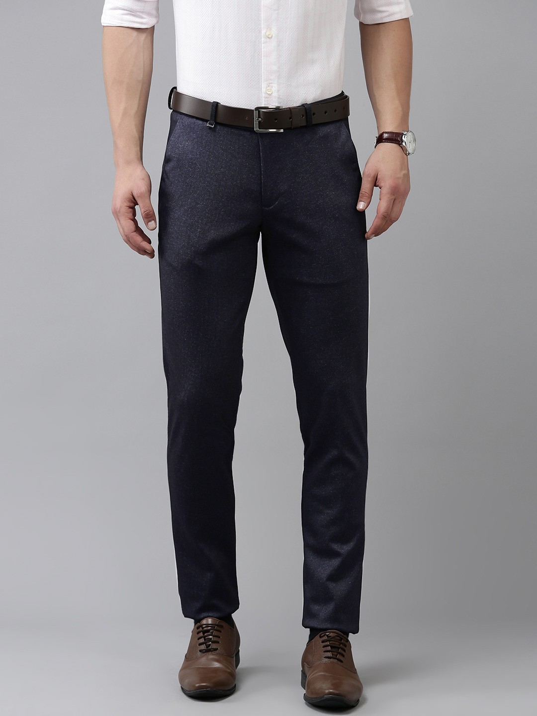 

Van Heusen Men Striped Self Design Ultra Slim Fit Mid-Rise Plain Woven Formal Trousers, Navy blue