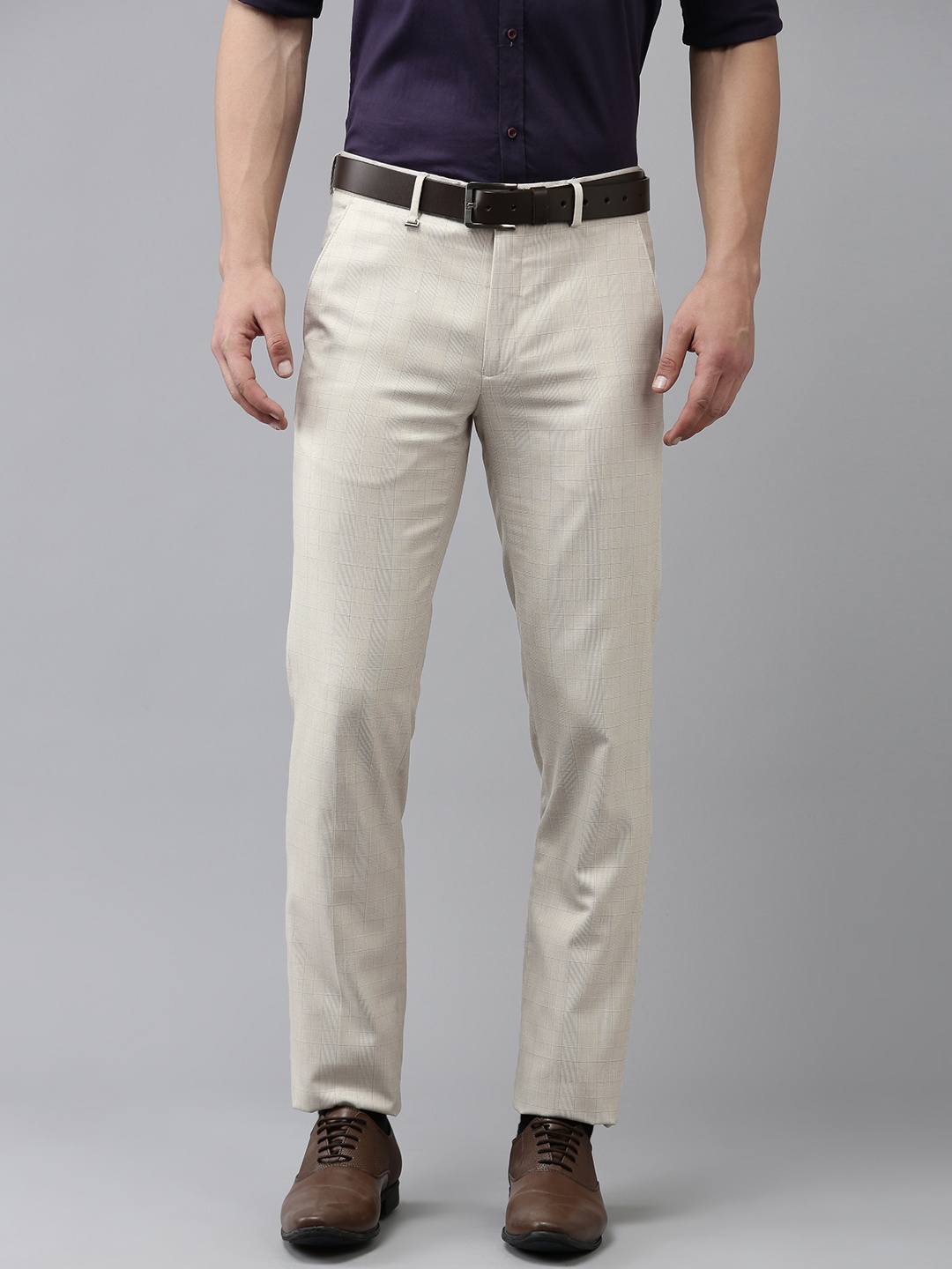 

Van Heusen Men Checked Slim Fit Formal Trousers, Cream