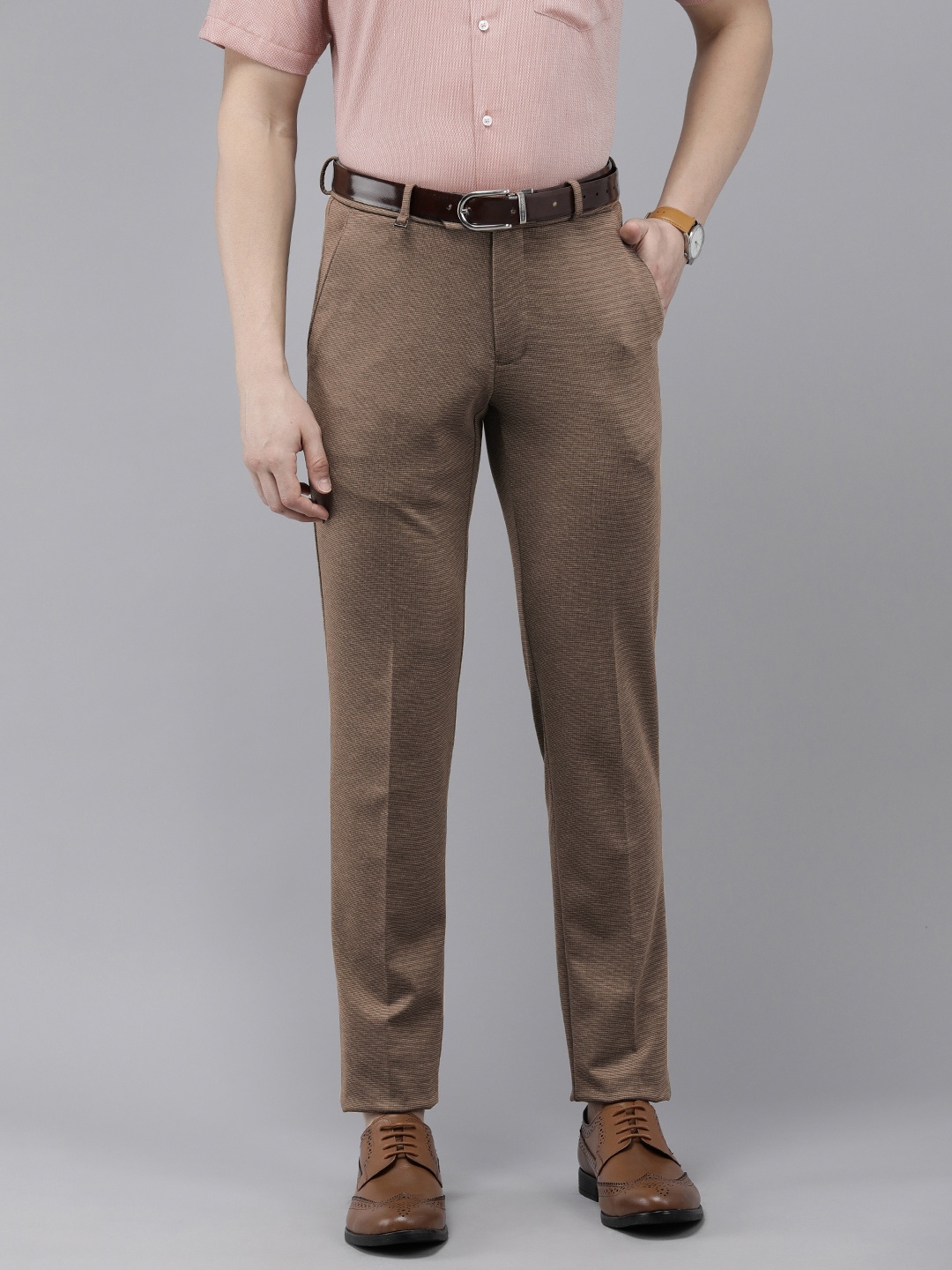 

Van Heusen Men Mid-Rise Textured Slim Fit Trousers, Olive