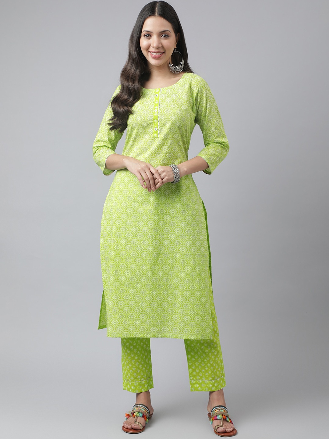 

Kiana Floral Printed Pure Cotton Kurta with Trousers, Lime green