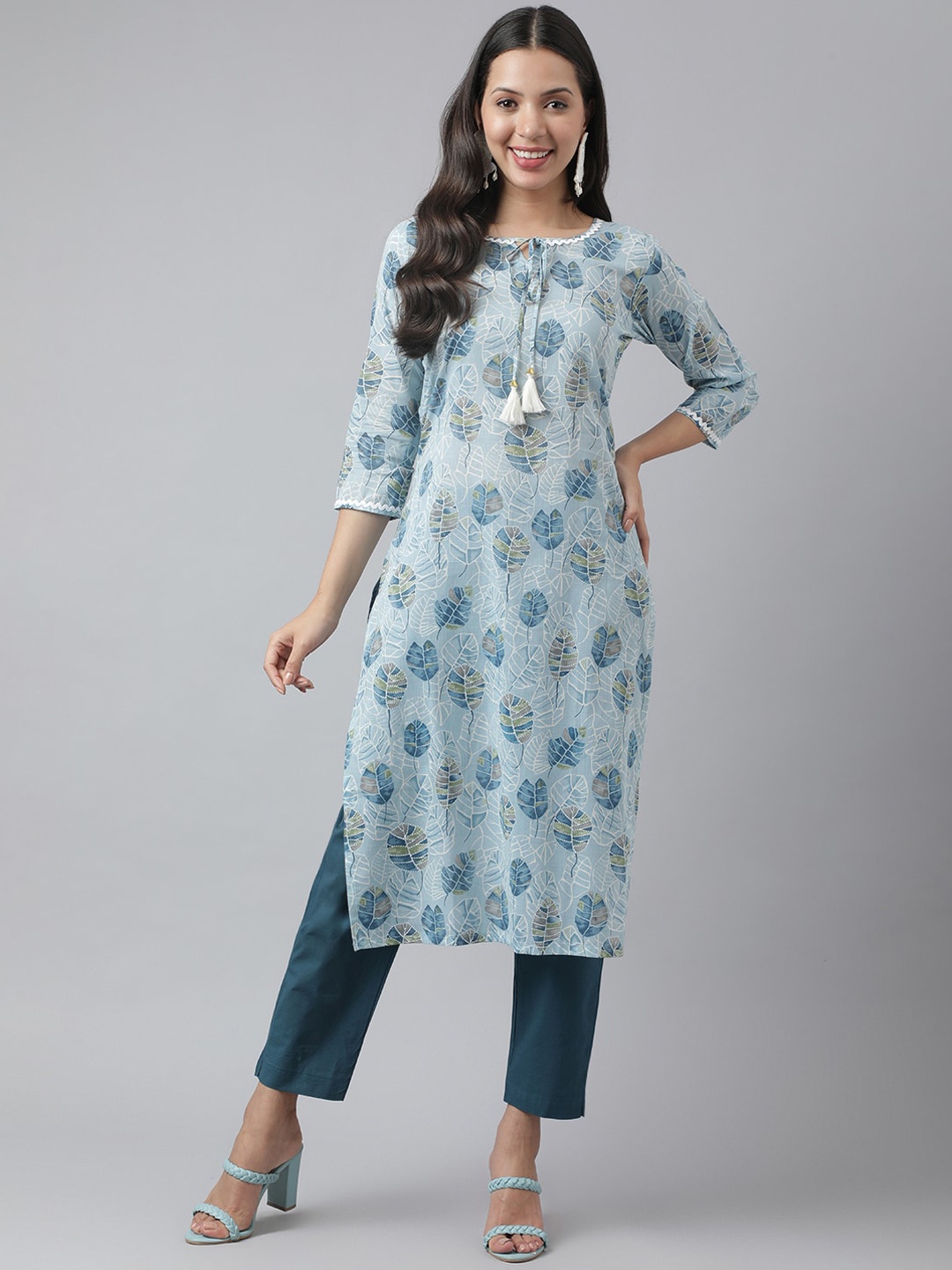 

Kiana Ethnic Motifs Printed Tie-Up Detail Pure Cotton Kurta with Trousers, Blue