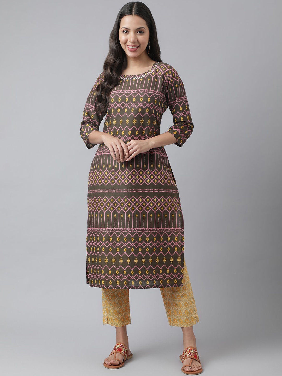 

Kiana House Of Fashion Ethnic Motifs Printed Pure Cotton Kurta with Trousers, Brown