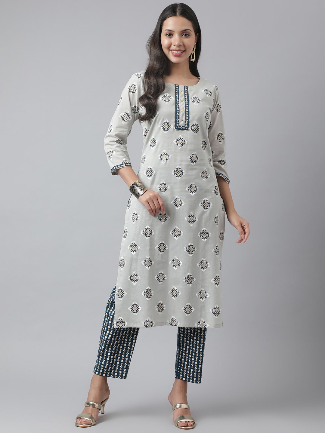

Kiana Ethnic Motifs Printed Pure Cotton Kurta with Trousers, Grey