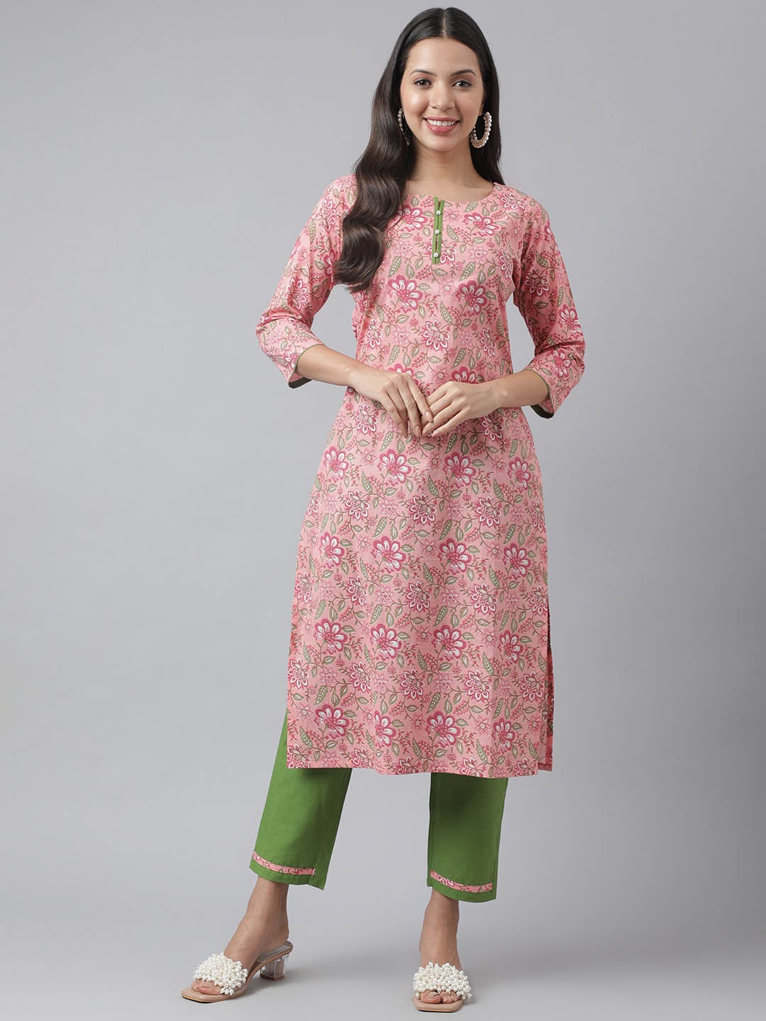 

Kiana Floral Printed Pure Cotton Kurta with Trousers, Pink