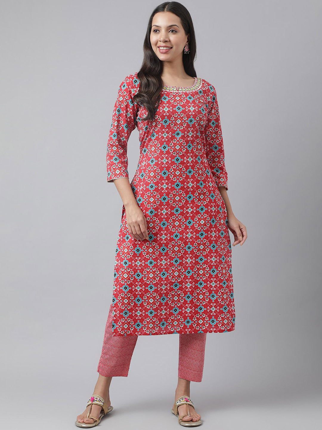 

Kiana Ethnic Motifs Printed Mirror Work Pure Cotton Kurta with Trousers, Red