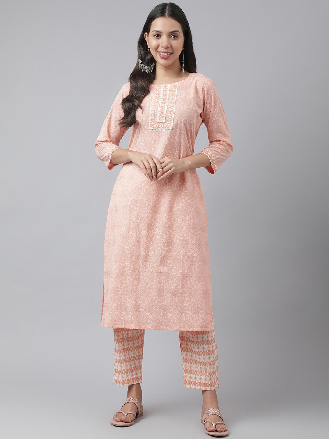

Kiana Ethnic Motifs Printed Pure Cotton Kurta with Trousers, Peach