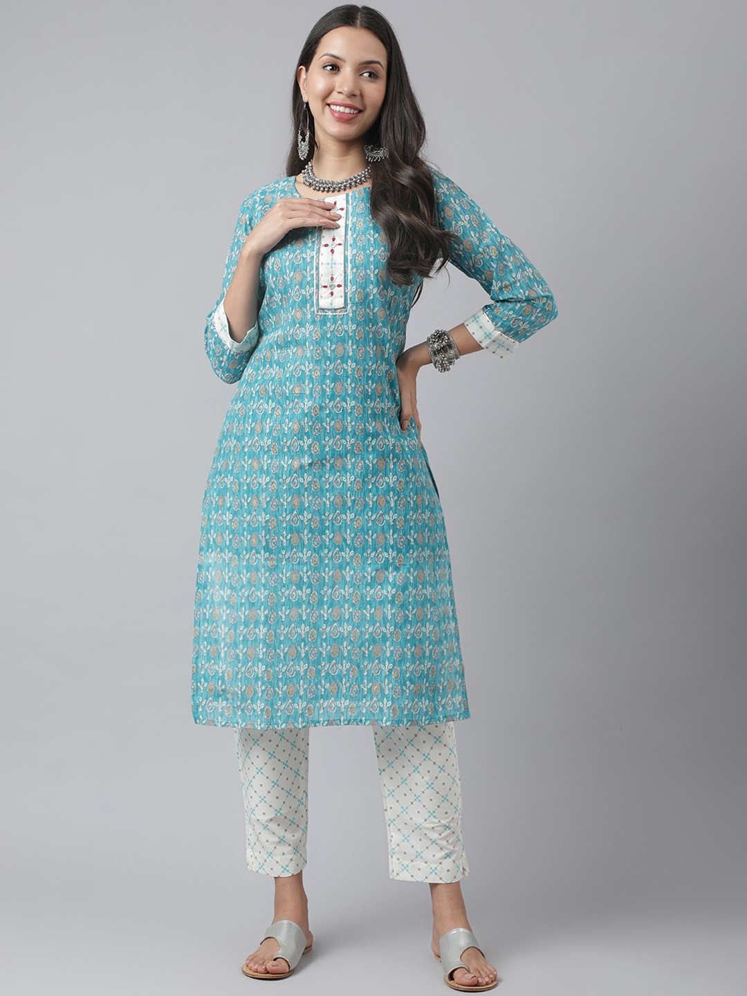 

Kiana Ethnic Motifs Printed Thread Work Pure Cotton Kurta with Trousers, Turquoise blue