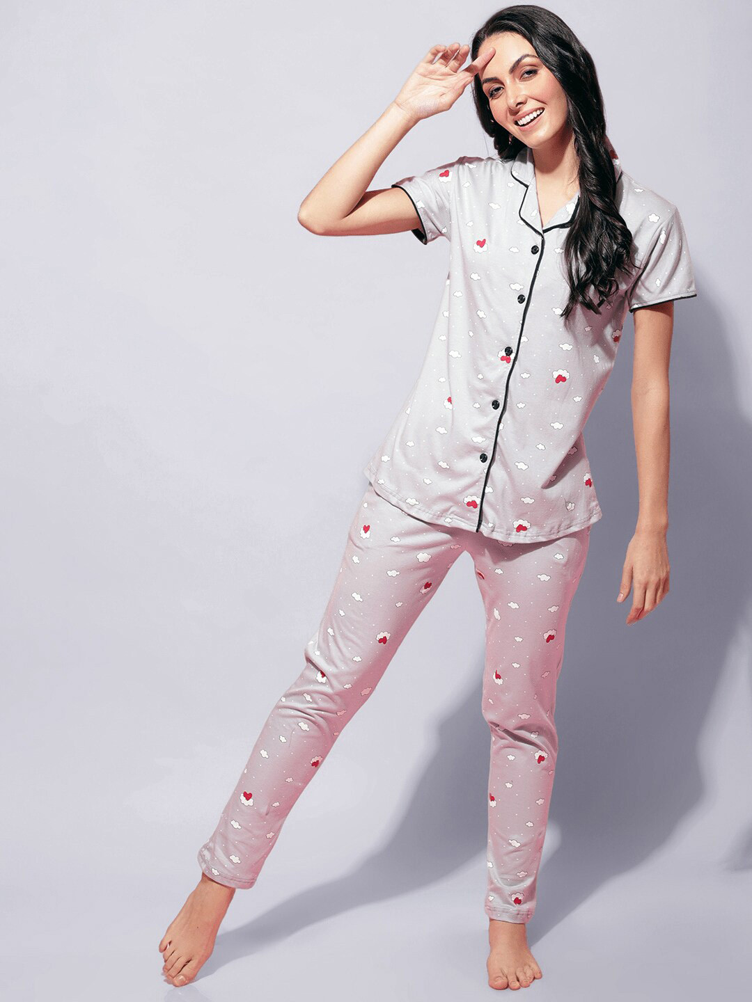

Secret Wish Conversational Printed Pure Cotton Night Suit, Grey