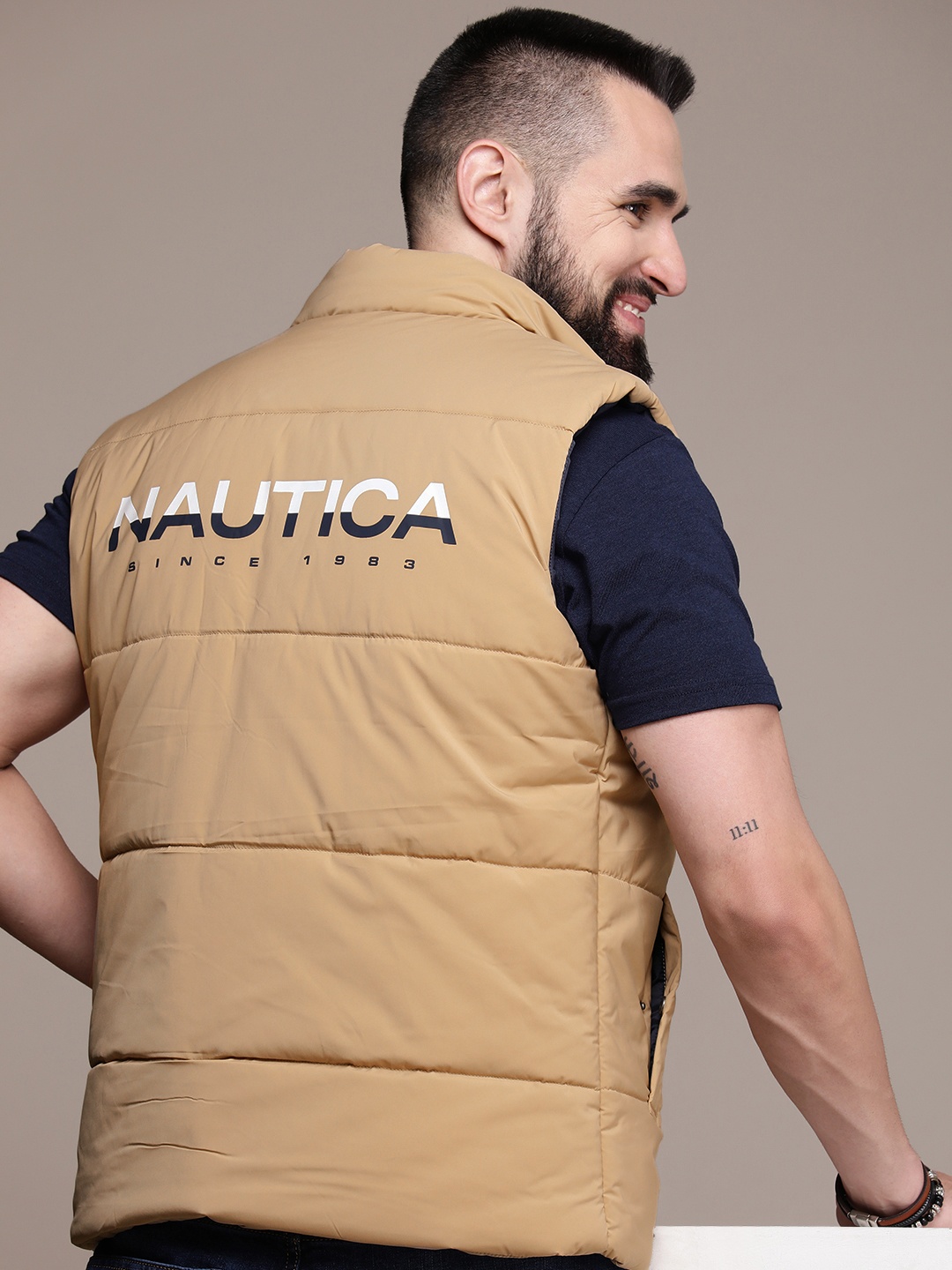

Nautica Mock Collar Brand Logo Printed Sleeveless Padded Jacket, Beige