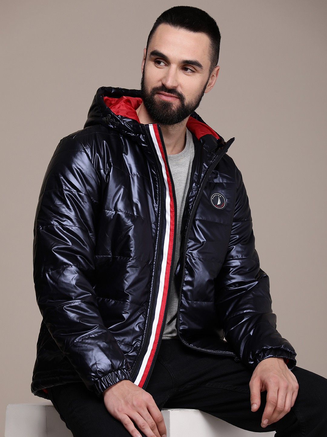 

Nautica Solid Long Sleeves Hooded Padded Jacket, Navy blue