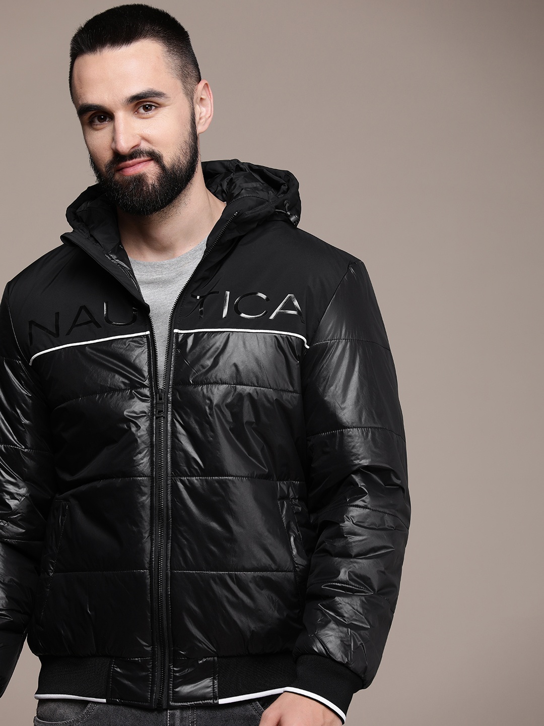 

Nautica Brand Logo Printed Hooded Puffer Jacket, Black