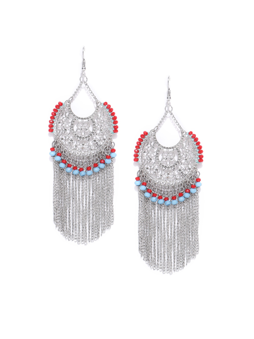 

Blueberry Oxidised Silver-Toned Cut-Out Tasselled Drop Earrings