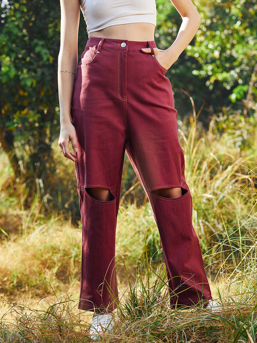 

Athena Women Comfort Straight Fit Slash Knee Cotton Jeans, Brown