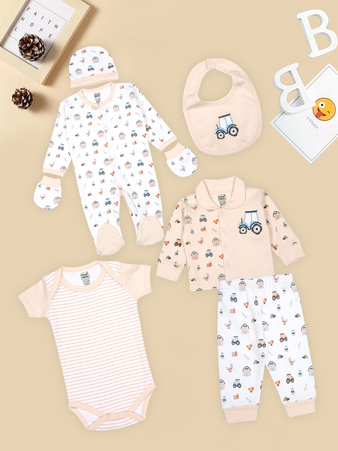 

MeeMee Infants Pack Of 7 Pure Cotton Baby Apparel Gift Set, Peach
